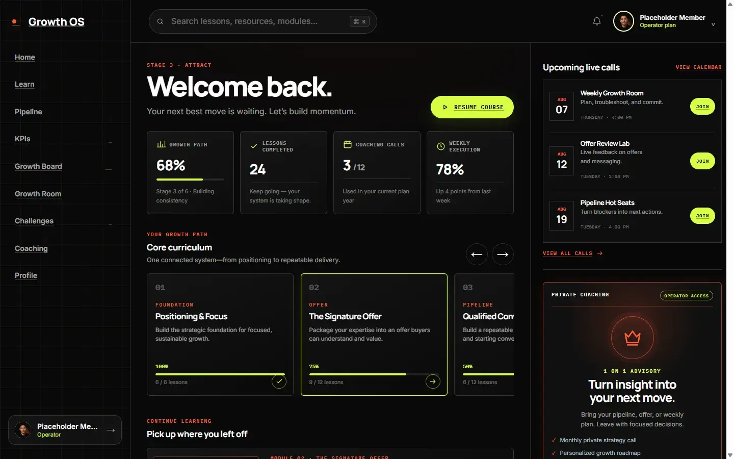 member dashboard — membership app template preview
